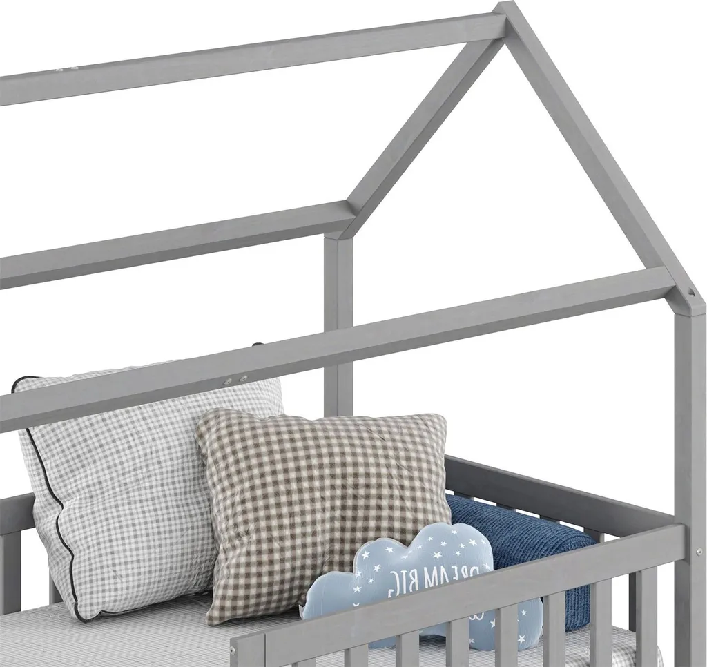 Hausbett NUNA Aus Massiver Kiefer, Montessori Bett In 90 X 200 Cm Mit Rausfallschutz, Spielbett Mit Schubladen, Modernes Kinderbett Mit Dach In Grau – Bild 7