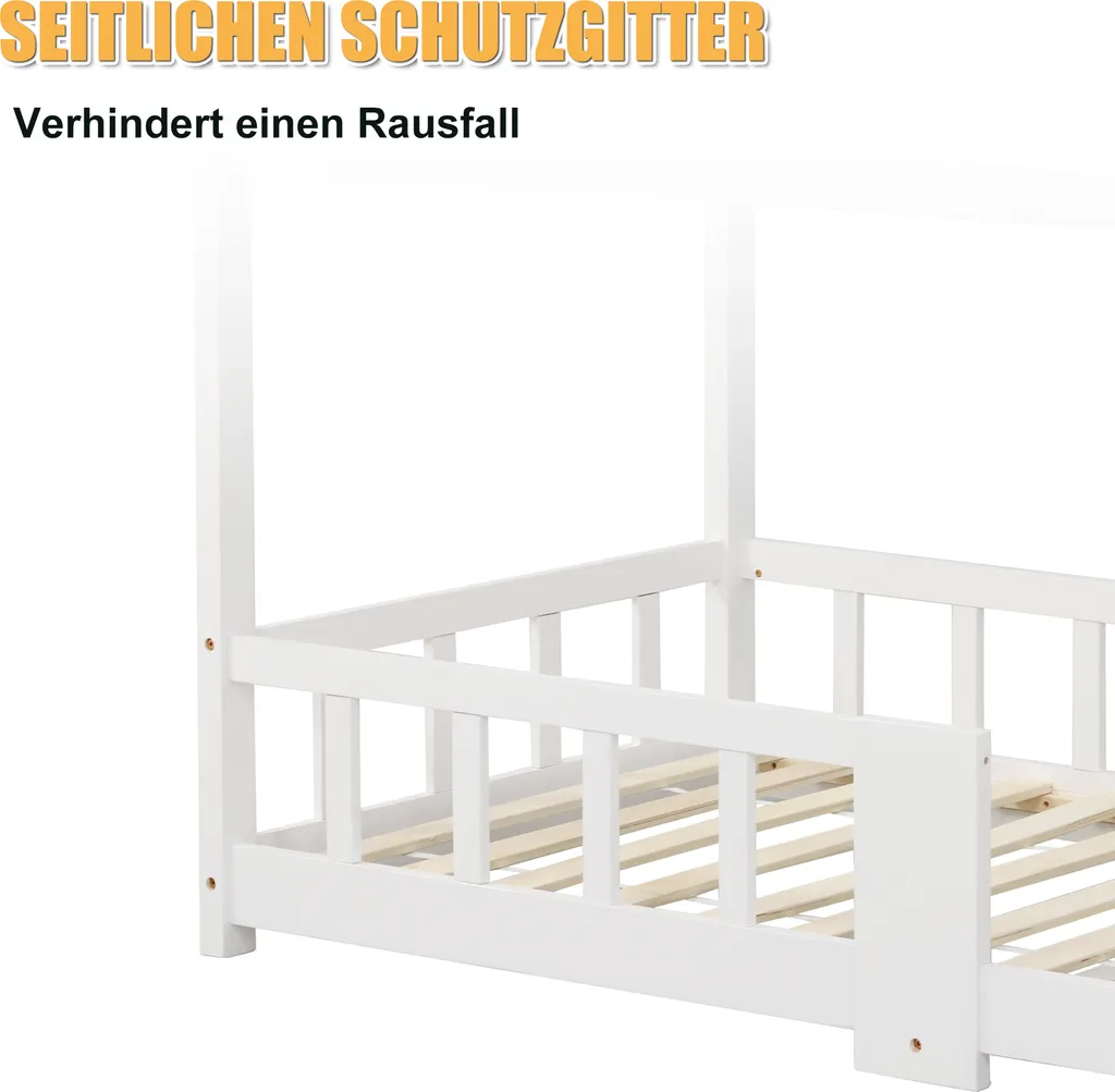 Merax Kinderbett 90 X 200 Cm Hausbett Mit Tafel Und Rausfallschutz, Lattenrost Und Zaun, Einzelbett Für Mädchen Und Jungen Kinderbetten Aus Massivem Kiefernholz, Weiß – Bild 7