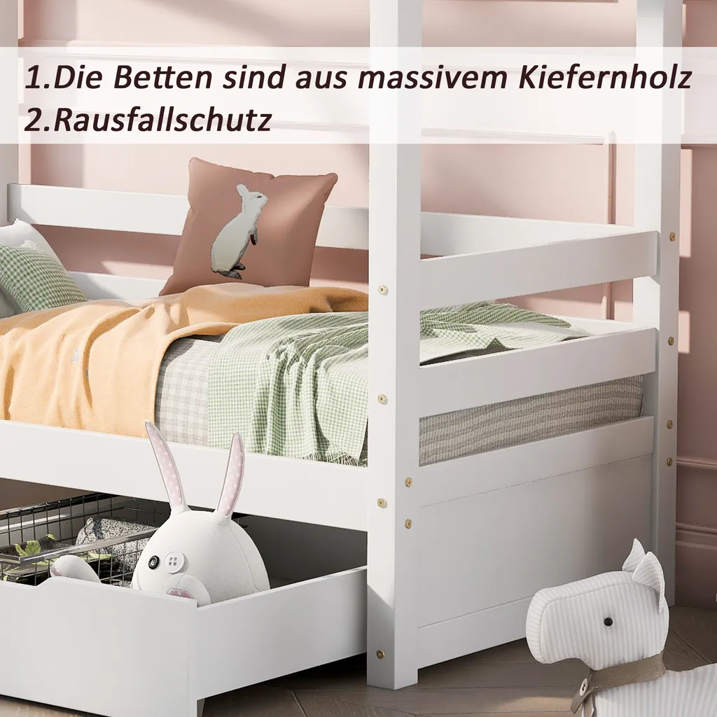 Merax Kinderbett Hausbett Mit Rausfallschutz Und Schubladen, Massivholz Spielbett 160x80 Cm Babybett Mit Lattenrost Und Fenster, Weiß – Bild 3