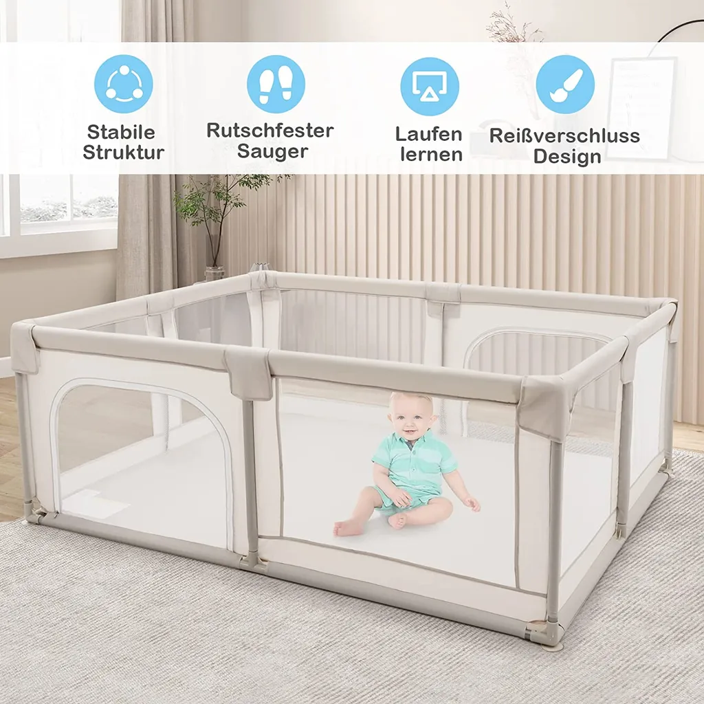 COSTWAY Baby Laufstall 190 X 150 Cm Mit 2 Türen, Laufgitter Mit Atmungsaktivem Netz Und Reißverschluss, Krabbelgitter, Laufgitterzelt Für Säuglinge Und Kleinkinder (Beige) – Bild 2
