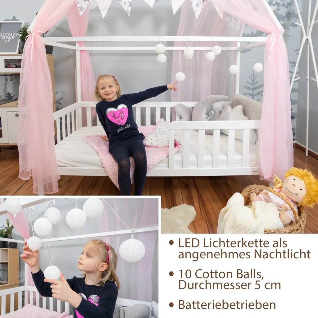 Alcube® Hausbett Deko-Set In Rosa Für Hausbetten Kinderbetten I 3er-Set Baldachin, Wimpelkette Und Lichterkette – Bild 5