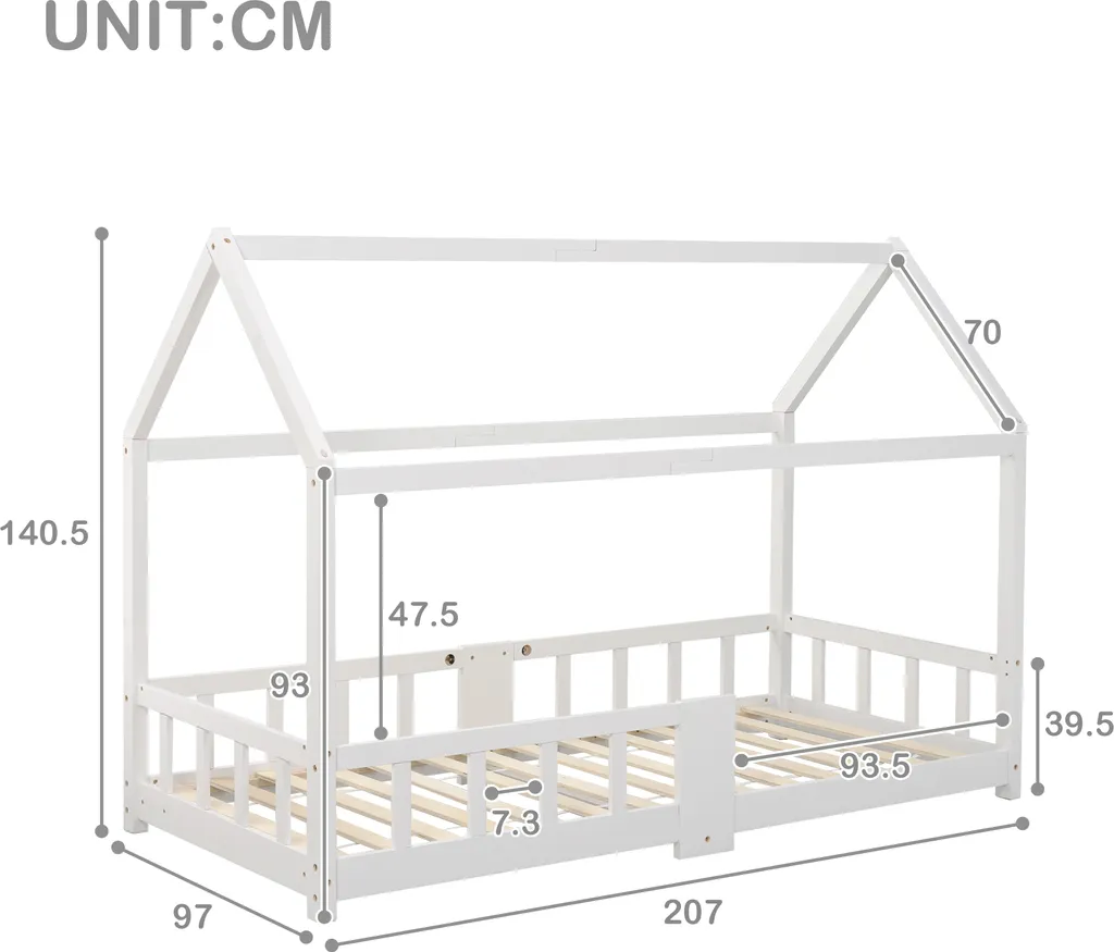 Merax Kinderbett 90 X 200 Cm Hausbett Mit Tafel Und Rausfallschutz, Lattenrost Und Zaun, Einzelbett Für Mädchen Und Jungen Kinderbetten Aus Massivem Kiefernholz, Weiß – Bild 8