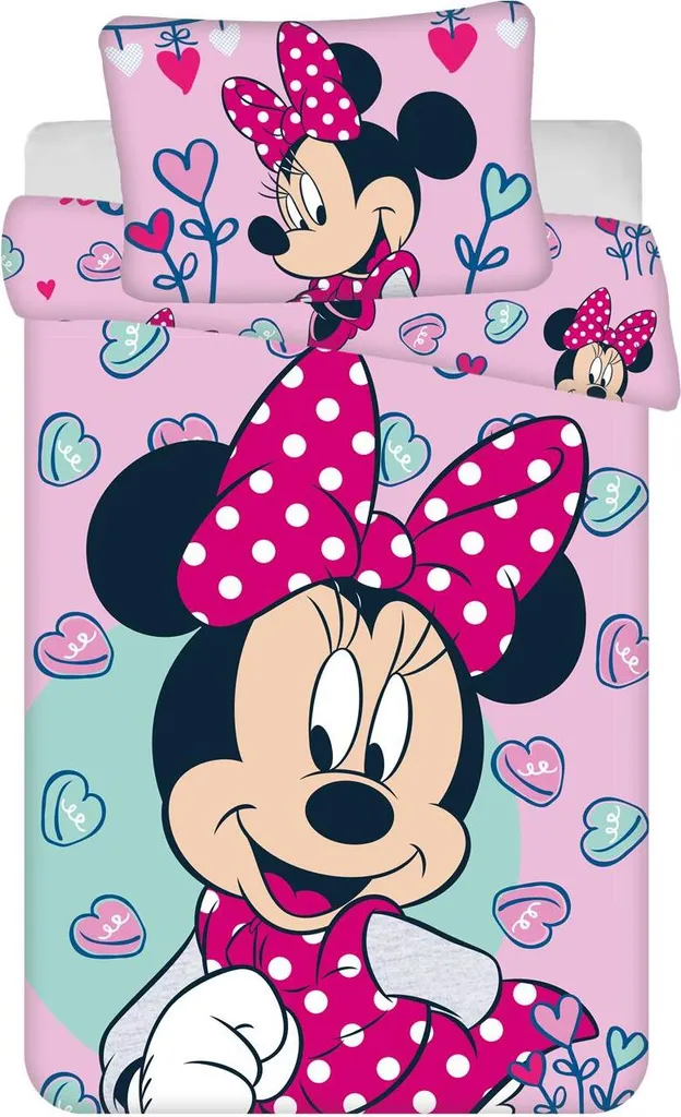 Minnie Maus Baby Kinder Bettwäsche Minnie Pink Mit Herzen 100 X 135 Bettdecke 40 X 60 Cm Kopfkissen 100 % Baumwolle