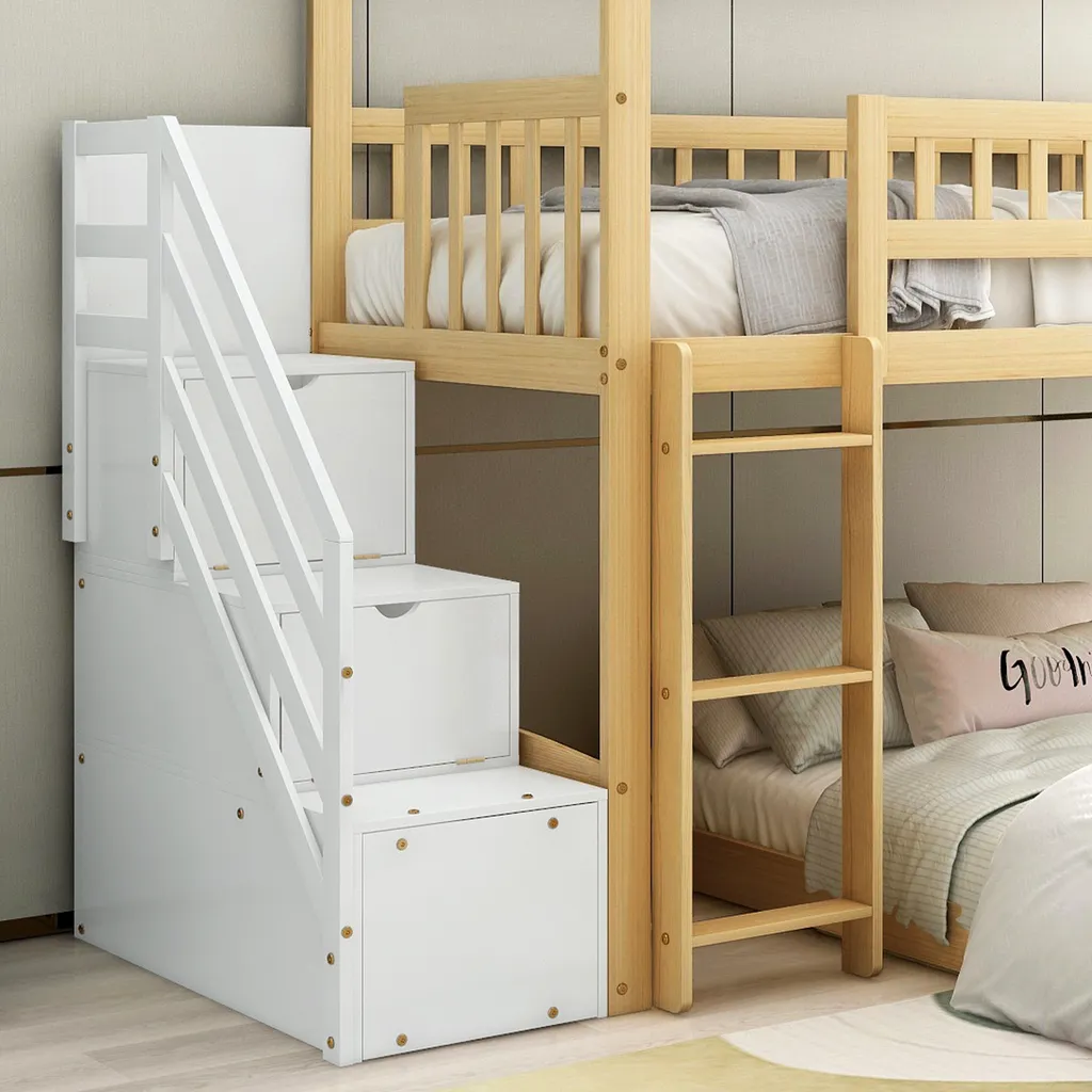 Merax Etagenbett 90x200cm Kinderbett Mit Rutsche, Treppe Mit Stauraum, Fallschutz Und Handlauf, Hausbett Aus Massivholz In Natur Und Weiß, 2 Einzelbetten Stockbett Für Kinderzimmer – Bild 8