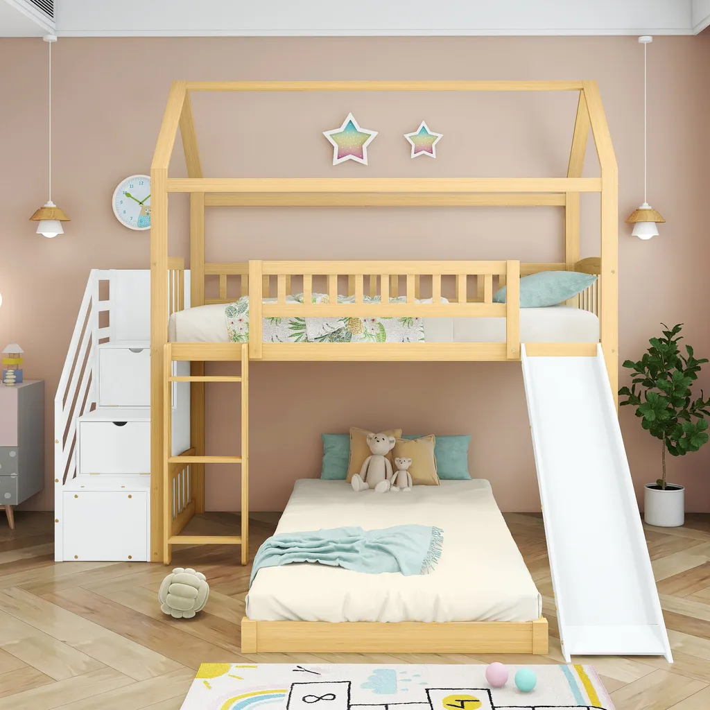 Merax Etagenbett 90x200cm Kinderbett Mit Rutsche, Treppe Mit Stauraum, Fallschutz Und Handlauf, Hausbett Aus Massivholz In Natur Und Weiß, 2 Einzelbetten Stockbett Für Kinderzimmer – Bild 15