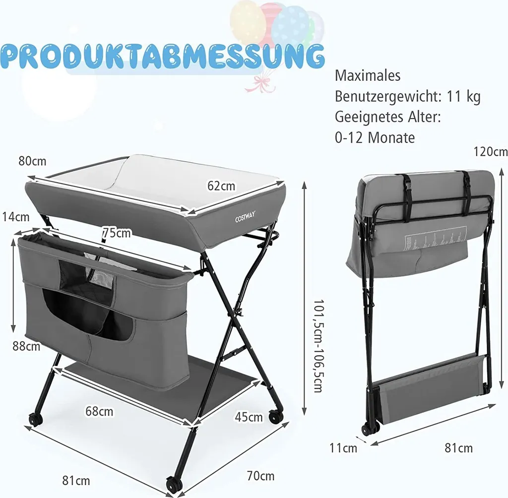 COSTWAY 4-in-1-Wickeltisch Für Baby Mit Rädern, Klappbarer Wickelkommode Für Neugeborene Mit 3-stufiger Höhenverstellung & Aufbewahrungstasche & Ablage, Wickelstation Für Kleinkinder (Grau) – Bild 5