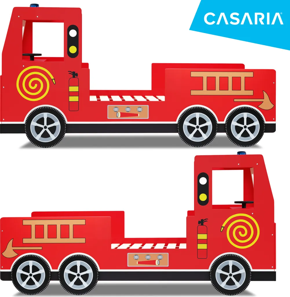 Kinder Bett Feuerwehr Optik Liegefläche 200x90 Cm Holzbett Inkl. Lattenrost Autobett 3D Räder Sirene Lenkrad – Bild 7