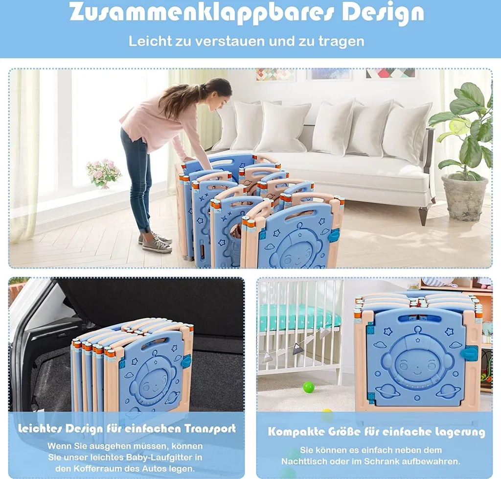 COSTWAY Laufgitter Mit Tür Und Spielzeugboard, Baby Laufstall Faltbar, Absperrgitter Aus Kunststoff, Krabbelgitter, Spielzaun Für Kinder, Schutzgitter (16 Paneelen) – Bild 4
