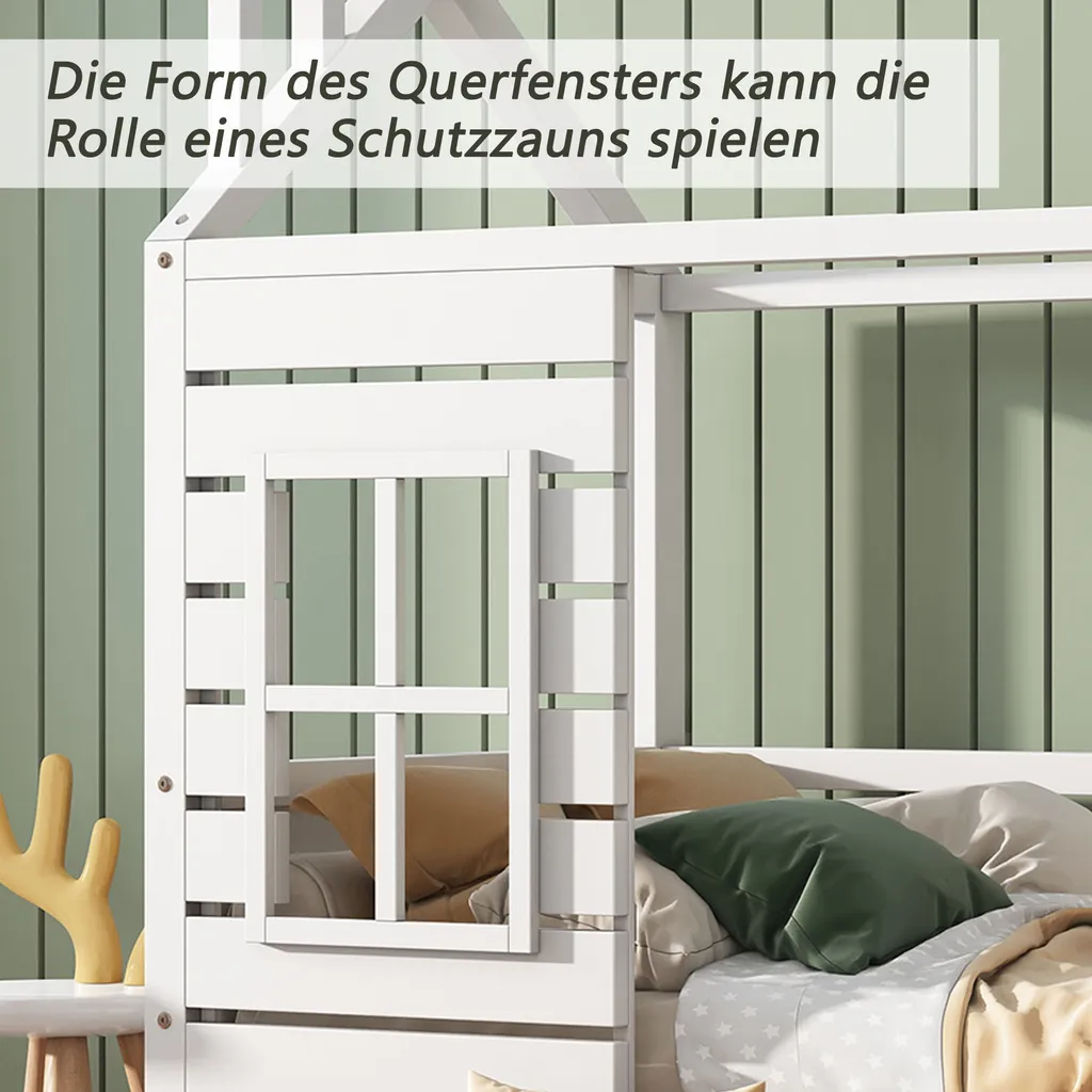 Merax Kinderbett 90x200cm Hausbett Mit 2 Schubladen Und Rausfallschutz, Dach Und Fenster, Kiefer Einzelbett Babybett Kinderhaus Mit Lattenrost, Weiß – Bild 3