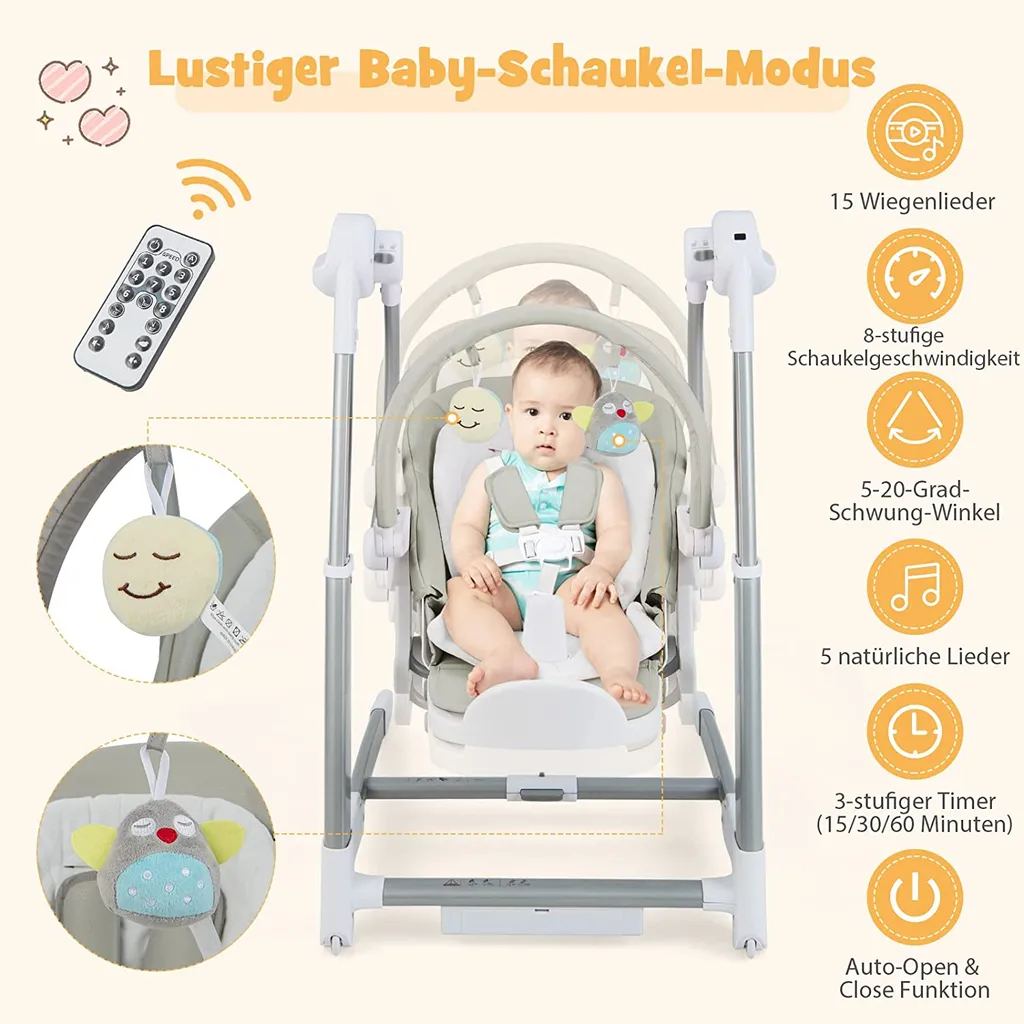 COSTWAY 3 In 1 Babyschaukel & Hochstuhl & Sitzerhöhung, Babywippe Elektrisch Mit 8 Schaukelposition, Timing, Musik & Auto-Schaltfunktion, Babystuhl Klappbar Mit Rädern, 8 Höhenstufen (Grau) – Bild 3