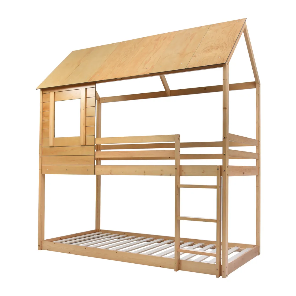 Merax Etagenbett 90x200cm Kinderbett Hochbetten Mit Dach, Leiter, Fenster Und Lattenrost, Doppelstockbett 2 Einzelbetten Für Kinderzimmer, Kiefernholz Rahmen, Eichenfarbe – Bild 9