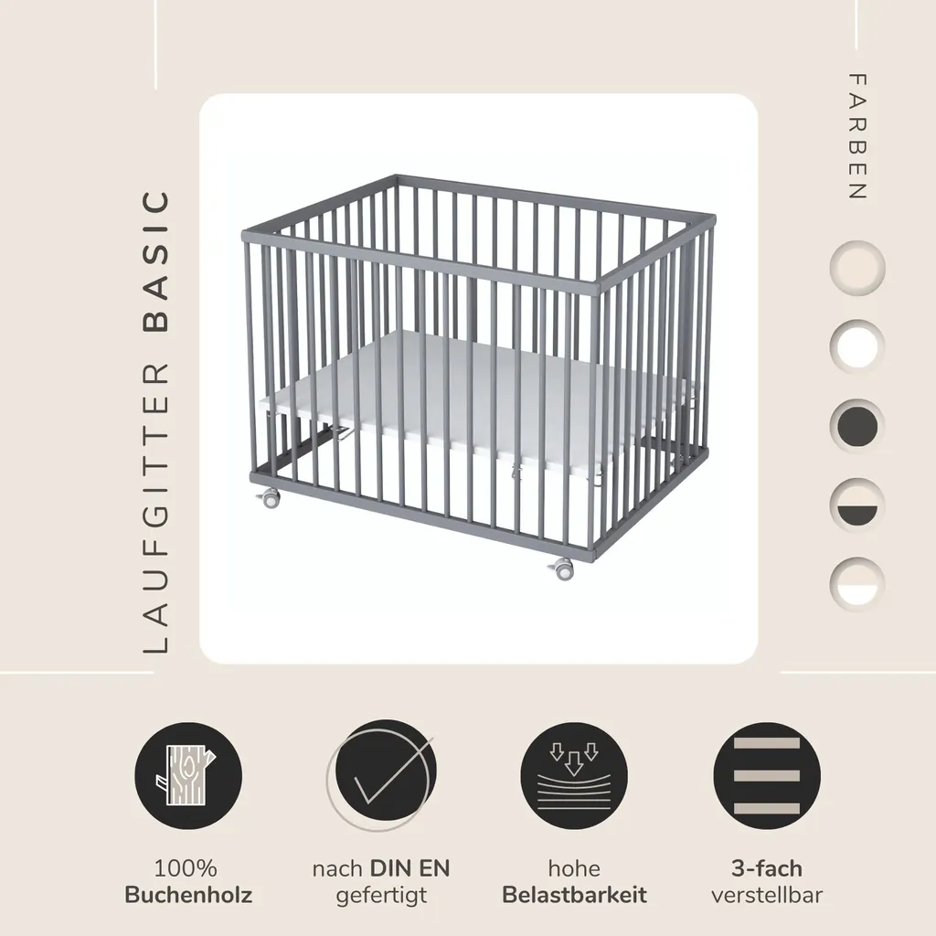 Sämann Laufgitter Basic 75x100 Cm Mit Matratze, Grau – Bild 2