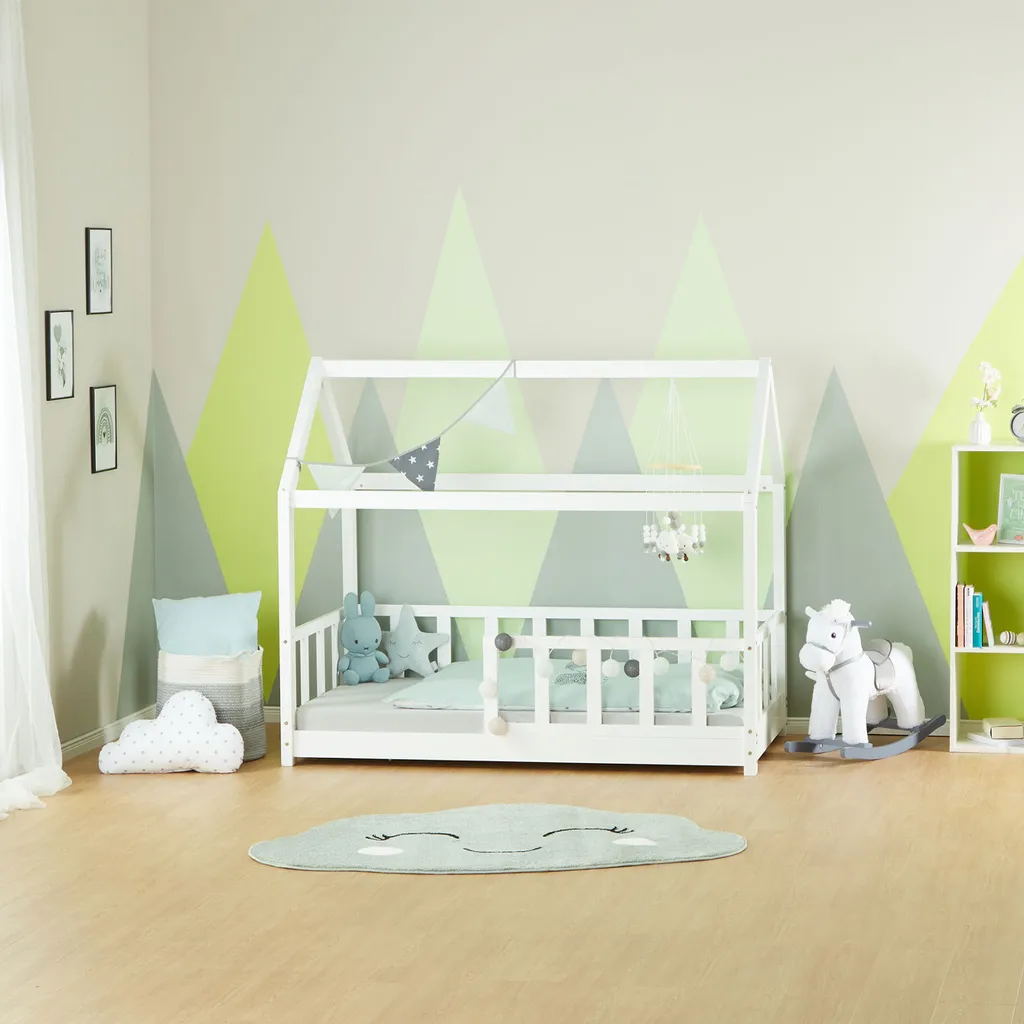 Homestyle4u 2048, Kinderbett Weiß Hausbett Mit Rausfallschutz 80x160 Cm Bodenbett Montessori Bett Bettenhaus Lattenrost – Bild 6