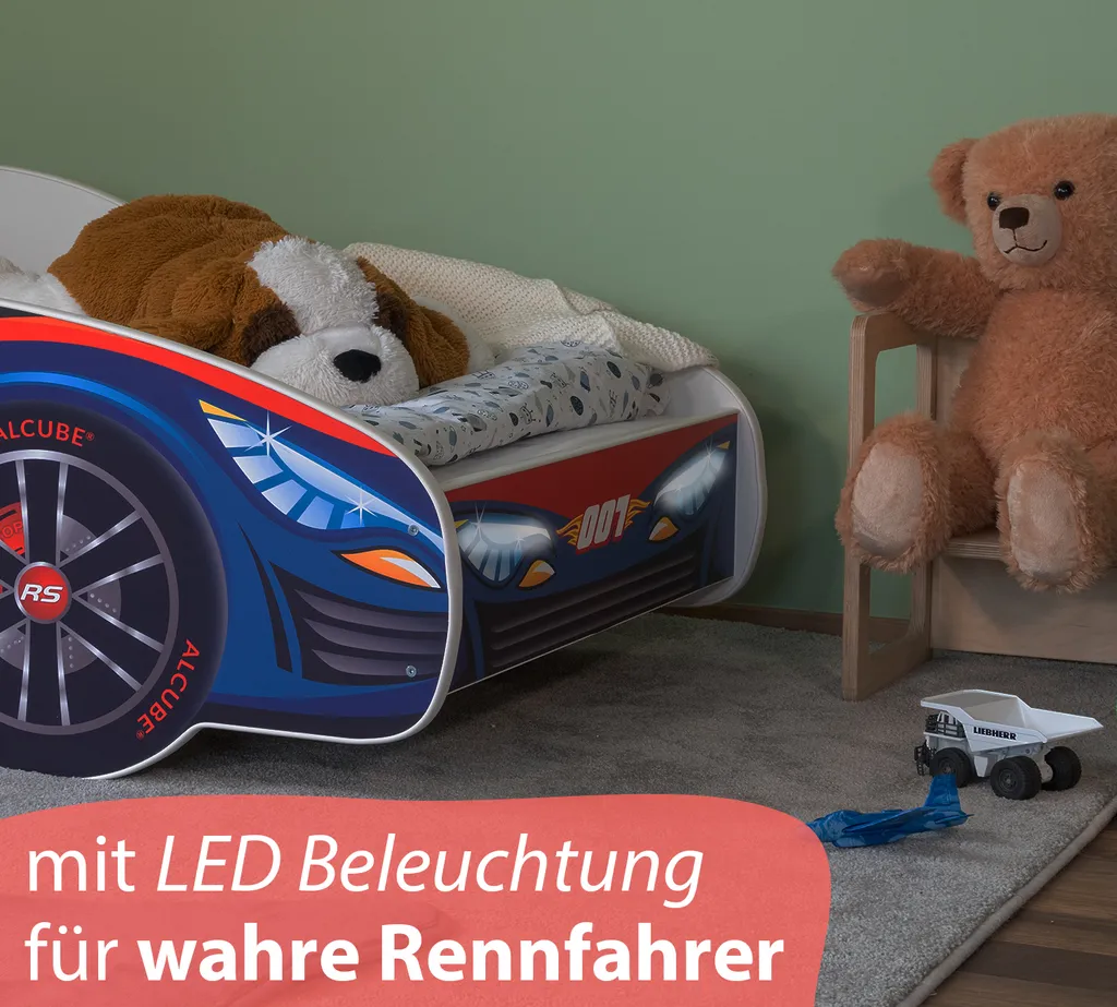 Alcube® Autobett 80x160 Mit LED-Beleuchtung PKW Burning Flame Mit Matratze Und Lattenrost Jugendbett Kinderbett 80x160 Cm - Blau – Bild 3