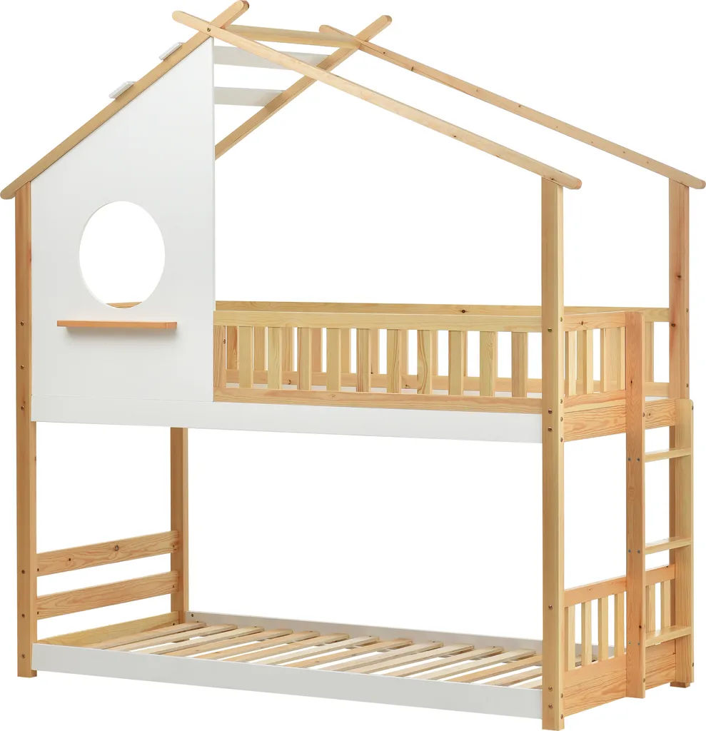 Merax Kinderbett Etagenbett 90x200cm Mit Leiter, Rausfallschutz Und Dachform, Hochbett 2 Einzelbetten Stockbett Aus Kiefernholz, Weiß Und Natur – Bild 10