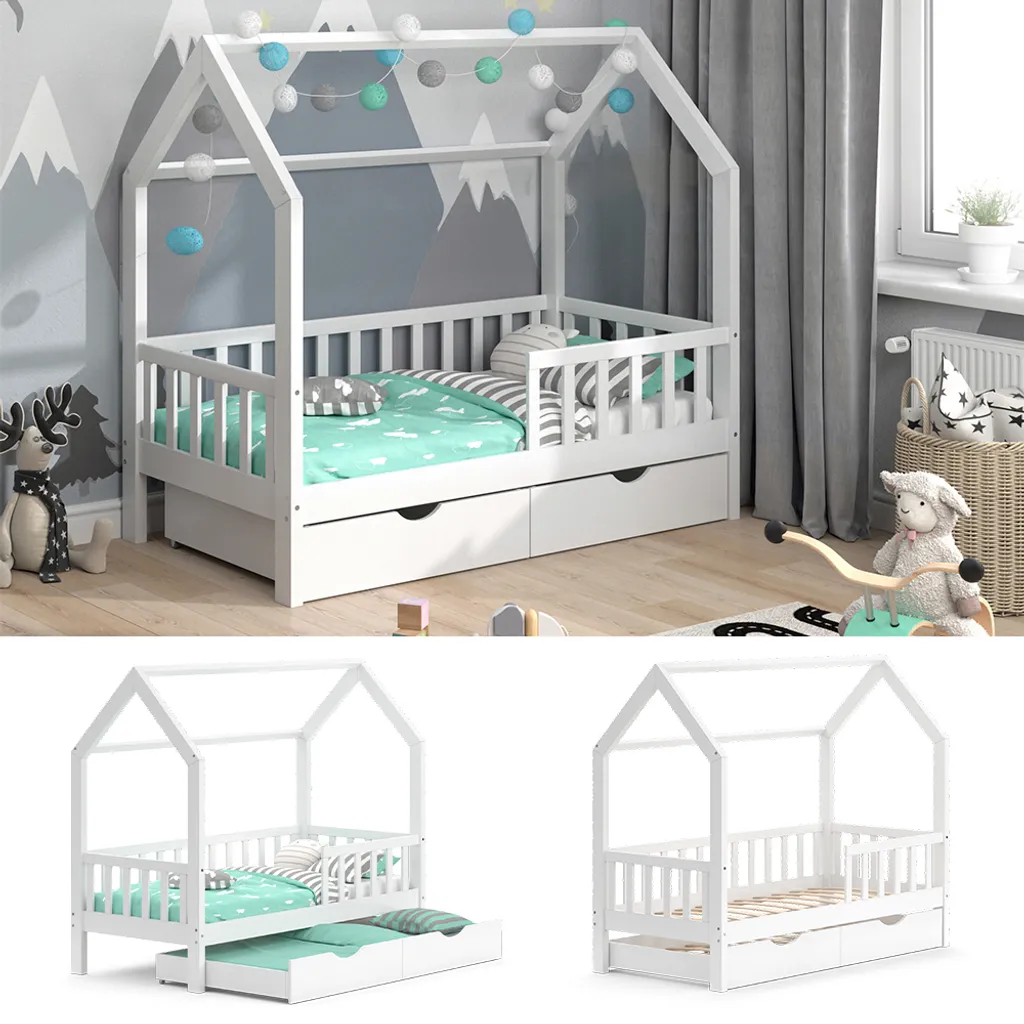 VitaliSpa Kinderbett Hausbett Gästebett Wiki Weiß 80x160cm Schublade Lattenrost