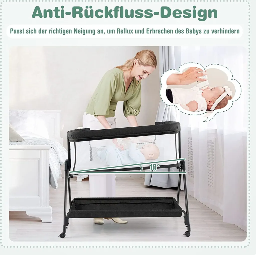 COSTWAY 2 In 1 Beistellbett & Stubenwagen Klappbar, Tragbare Babybett Mit 7 Verstellbaren Höhen & Matratze & Tragetasche & Gurte, Verstellbare Reisebett Für Neugeborene Bis 6 Monate (Dunkelgrau) – Bild 4