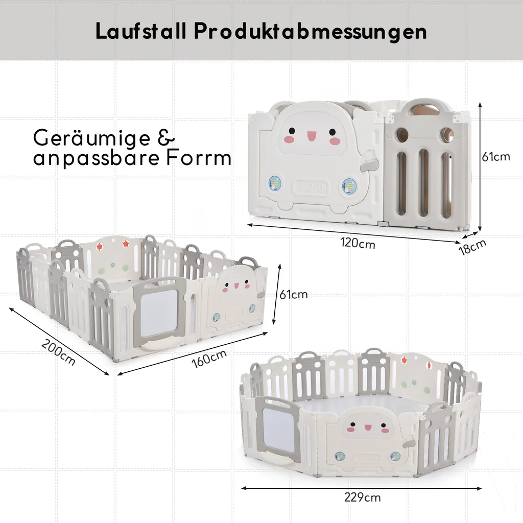 Merax Laufgitter Faltbar Laufstall Baby Absperrgitter 13+2 Paneele Schutzgitter Mit Schaukeln, Rutsche, Basketballkorb, Pinsel Und Zeichenbrett, Krabbelgitter 5-in-1 Laufgitter Für Kinder, Grau – Bild 10