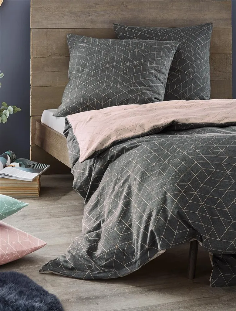 Irisette Mako Satin Bettwäsche 135x200 2tlg Grau Rosa | Bettwäsche-Set Aus 100% Baumwolle | 2 Teilige Wende-Bettwäsche 135x200 Cm & Kissen 80x80 Cm | Geometrisches Muster