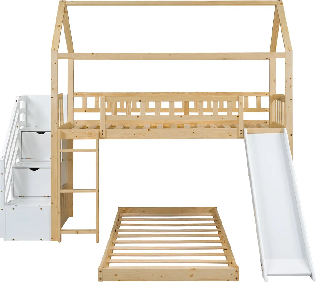 Merax Etagenbett 90x200cm Kinderbett Mit Rutsche, Treppe Mit Stauraum, Fallschutz Und Handlauf, Hausbett Aus Massivholz In Natur Und Weiß, 2 Einzelbetten Stockbett Für Kinderzimmer – Bild 10