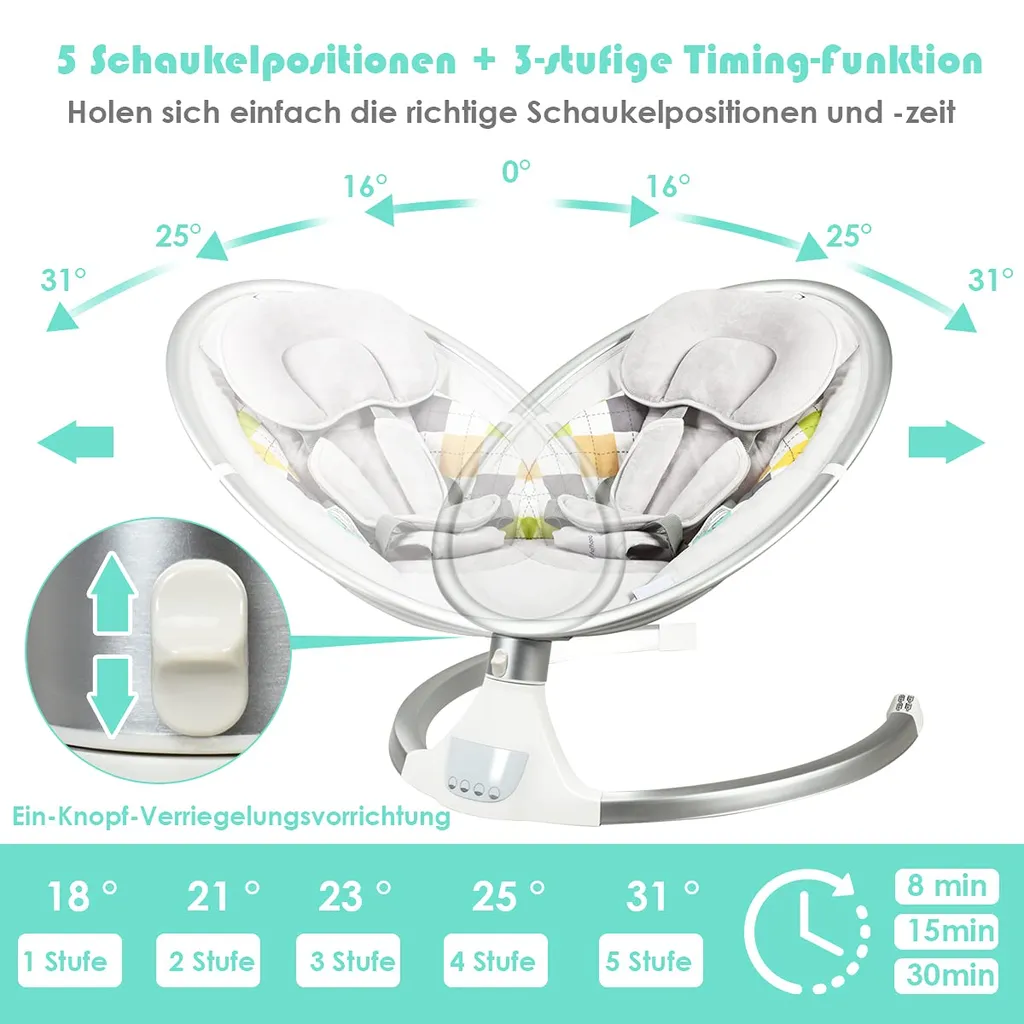 COSTWAY Babywippe Elektrisch Mit Timer, Babyschaukel Babywiege Mit 5 Schwingungsamplituden Musik Und Bluetoothfunktion Beige – Bild 4