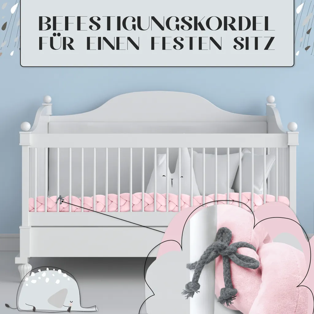 MASCHKY | Bettschlange Geflochten – Bettumrandung Babybett 2m Rosa – Weiches Nestchen Baby + Wäschenetz – Babybett Umrandungen + Tragetasche – Bild 4