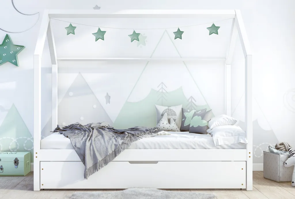 NALA BIS2 Holzbett Kinderbett Hausbett 90x200 Weiß 100% Kieferholz Ohne Schutzgitter 2 Lattenroste Kiefer Schubkasten Mit Schlaffunktion – Bild 3