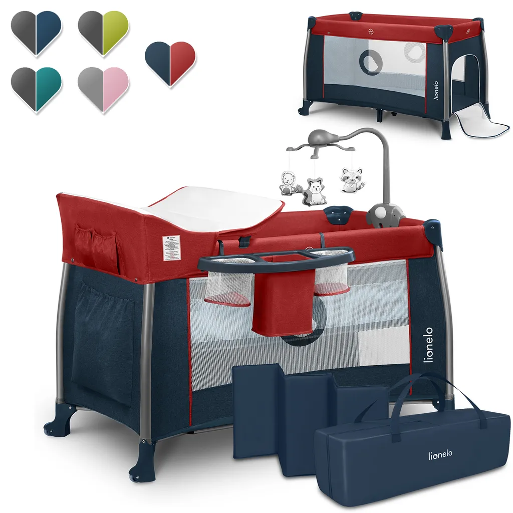Lionelo Thomi Baby Reisebett Laufstall Kinderreisebett Mit Karussell Wickeltisch Rot-Blue – Bild 2