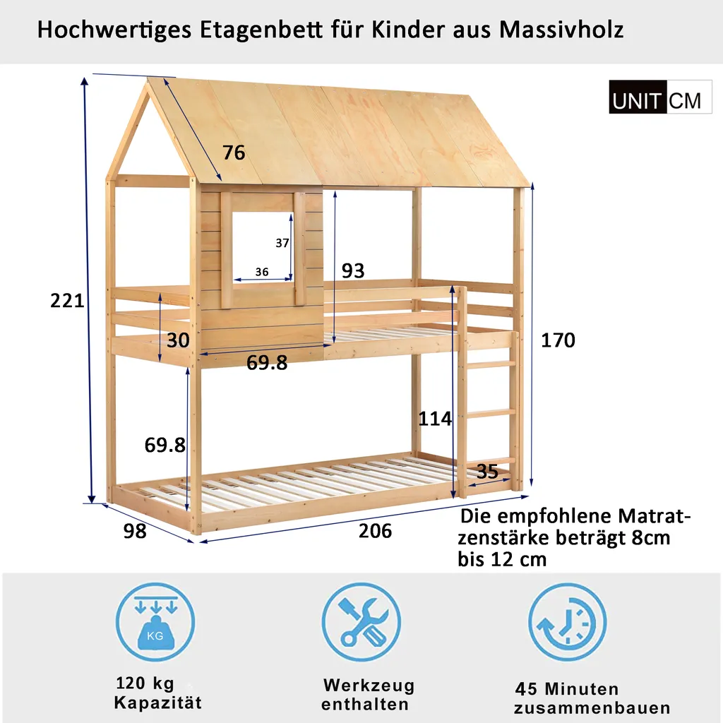 Merax Etagenbett 90x200cm Kinderbett Hochbetten Mit Dach, Leiter, Fenster Und Lattenrost, Doppelstockbett 2 Einzelbetten Für Kinderzimmer, Kiefernholz Rahmen, Eichenfarbe – Bild 6