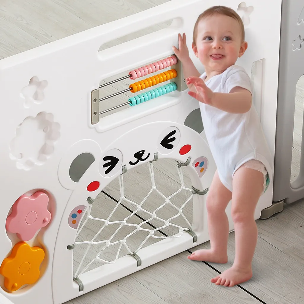 Dripex Laufgitter Laufstall Baby Absperrgitter 14-Paneele Schutzgitter Krabbelgitter Für Kinder Aus Kunststoff Mit Tür Und Spielzeugboard-Grau-Weiß – Bild 8