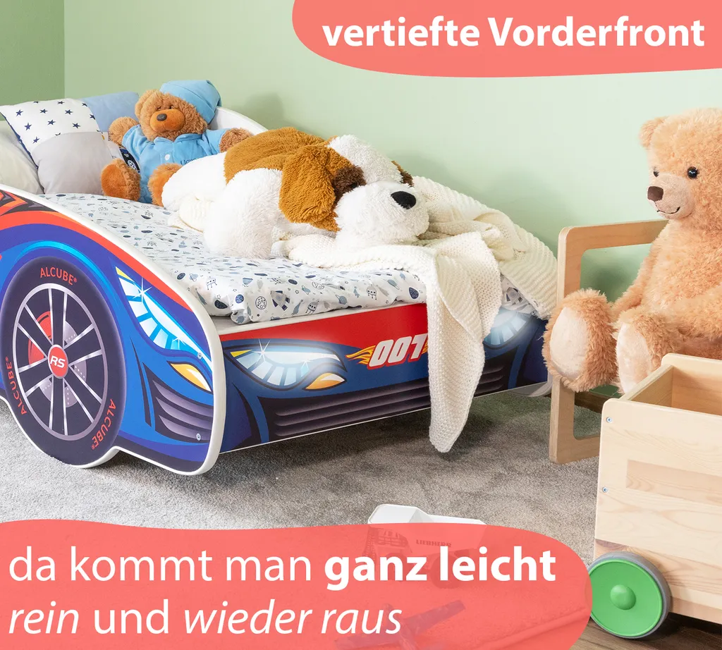 Alcube® Autobett 80x160 Mit LED-Beleuchtung PKW Burning Flame Mit Matratze Und Lattenrost Jugendbett Kinderbett 80x160 Cm - Blau – Bild 5