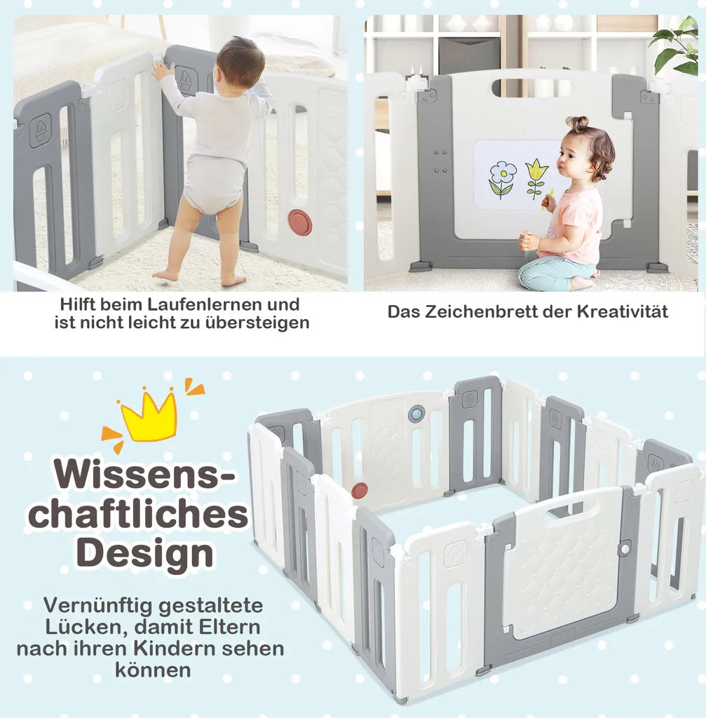 COSTWAY Faltbares Laufstall, Baby-Laufgitter Mit Tür & Spielpaneel & Sicherheitsschloss, Mit Whiteboard & Kugel & Soundknopf, Absperrgitter Für Babys & Kinder Von 6-36 Monaten, Beige (12+2 Paneelen) – Bild 3