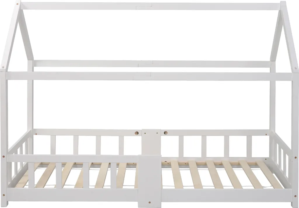 Merax Kinderbett 90 X 200 Cm Hausbett Mit Tafel Und Rausfallschutz, Lattenrost Und Zaun, Einzelbett Für Mädchen Und Jungen Kinderbetten Aus Massivem Kiefernholz, Weiß – Bild 12