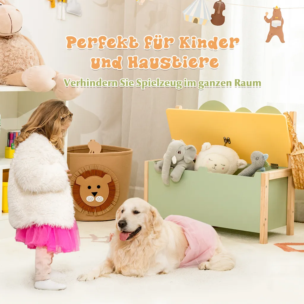 COSTWAY Spielzeugtruhe Mit Deckel, 2 In 1 Spielzeugschrank Und Sitzbank Mit Rücklehne, Mit Großem Stauraum Aus Holz, Spielzeugkiste Grün 60 X 26 X 50cm – Bild 2