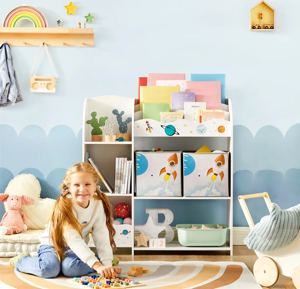 SONGMICS Kinderzimmerregal Kinderregal Bücherregal Für Kinder Mit 2 Boxen Spielzeug-Organizer Multifunktionale Ablage Mit 2 Aufbewahrungsboxen Weiß GKR42WT – Bild 3