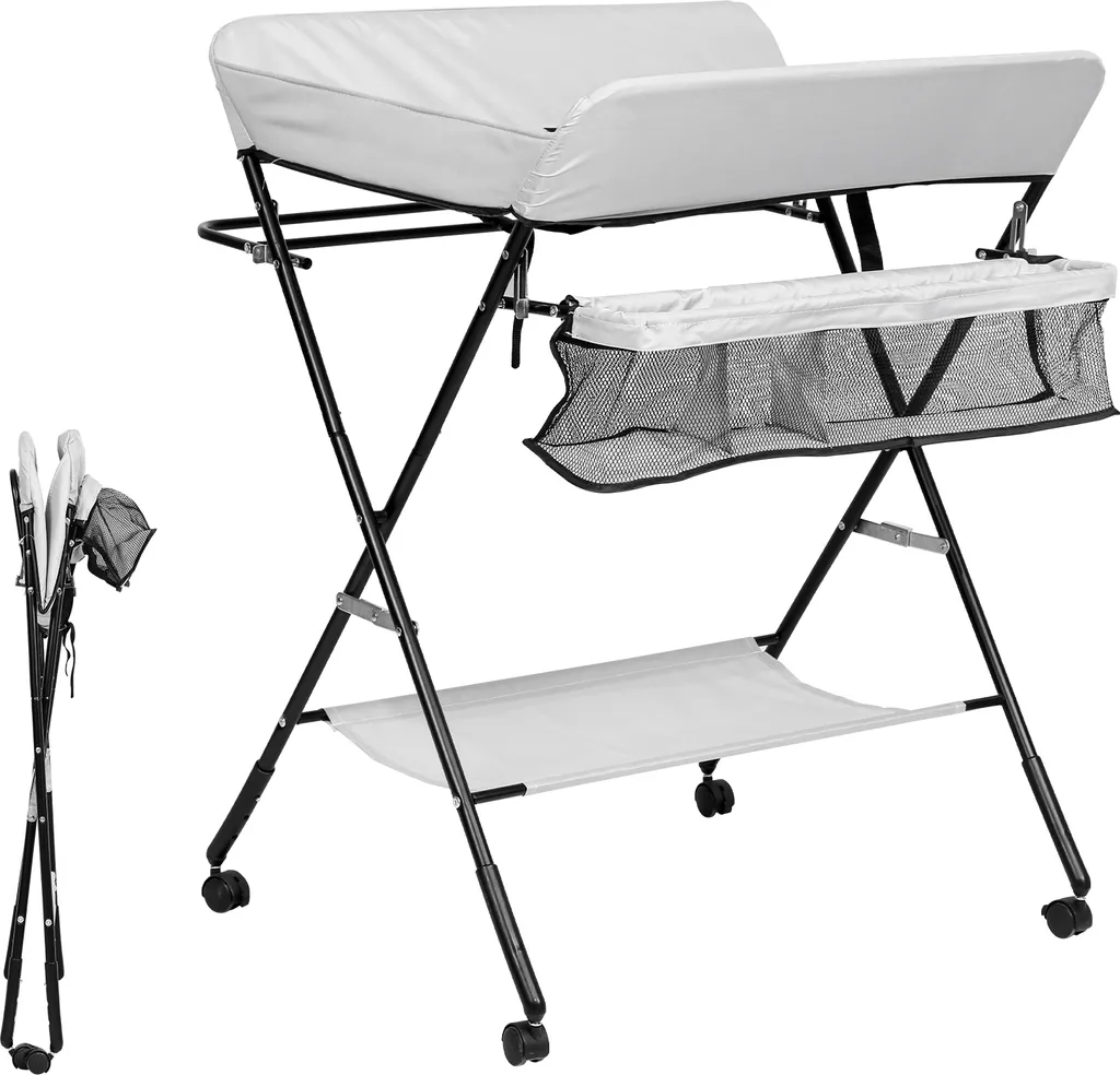 Lospitch Baby Wickeltisch Mulde Badewanne Höhenverstellbare Klappbar Wickelkommode Klappbarer Höhenverstellbarer Mit Auflage Mit Abschließbaren Rädern Sicherheitsgurt