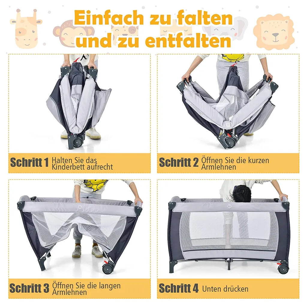 COSTWAY 4 In 1 Klappbares Reisebett & Babywiege & Wickeltisch & Laufstall Mit Schaukelfunktion, Inkl. Spieluhr, Spielbogen, Wickelauflage, Matratze, Windel Organizer Und Tragetasche (Grau) – Bild 5