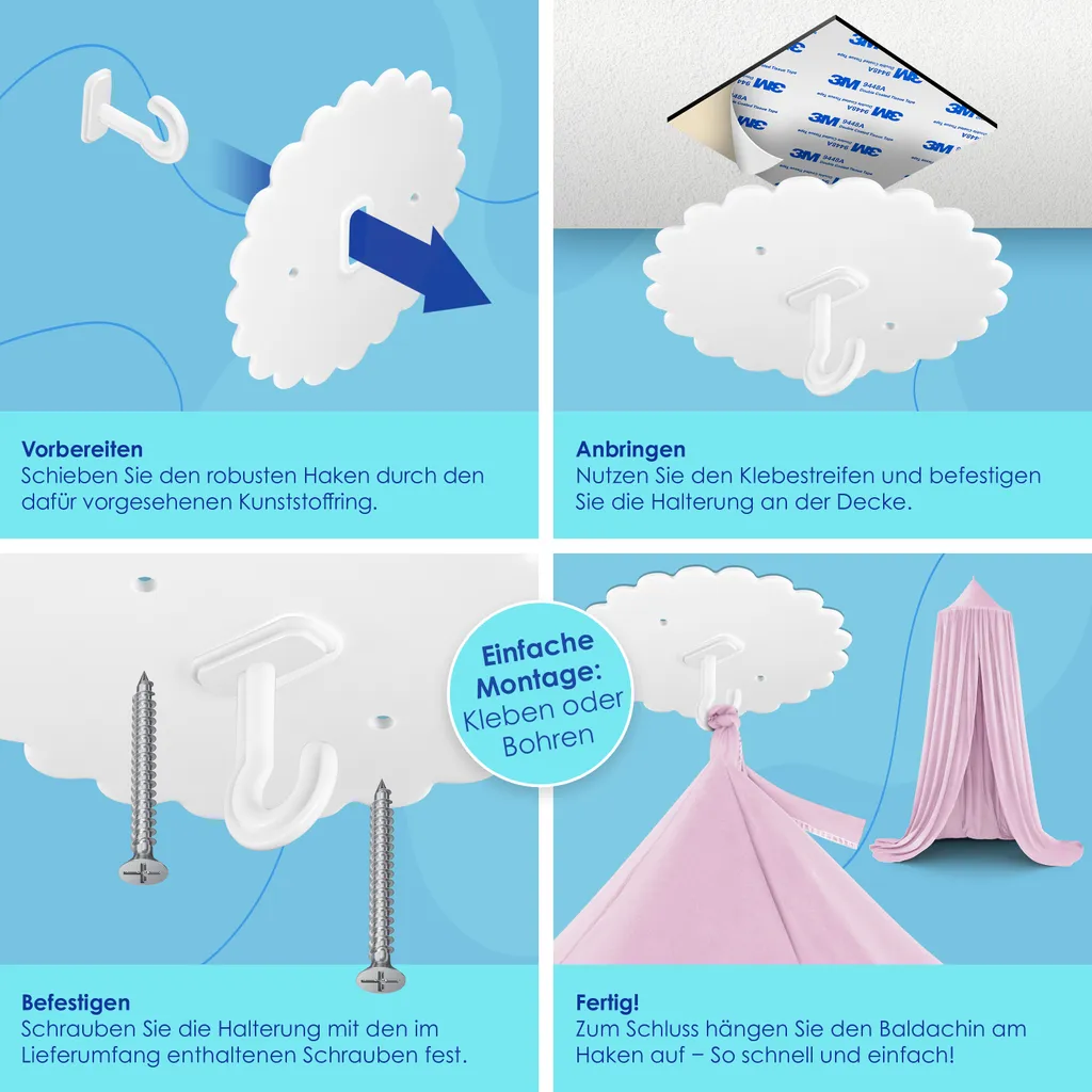 KIDIZ® Baldachin Kinderzimmer Betthimmel Babybett Für Schlafzimmer Inkl. Aufbewahrungstasche | Ohne Bohren | Saumlänge Ca. 270cm | Moskitonetz Insektenschutz Kinder Spielzelte, Farbe:Rosa – Bild 4