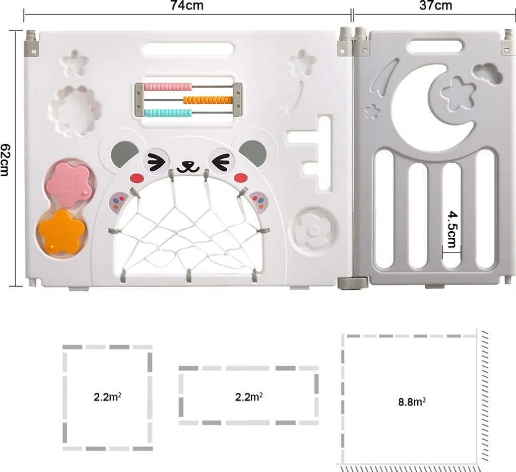 Dripex Laufgitter Laufstall Baby Absperrgitter 14-Paneele Schutzgitter Krabbelgitter Für Kinder Aus Kunststoff Mit Tür Und Spielzeugboard-Grau-Weiß – Bild 5