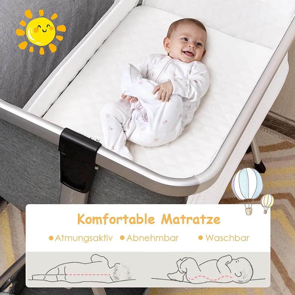 COSTWAY 3 In 1 Beistellbett & Babywiege & Reisebett Klappbar, Babybett Mit 7-Fach Verstellbarer Höhe, Tragbares Babywiege Mit Sicherheitsgurt, Netzfenster, Matratze, Bodenkorb & Rädern (Dunkelgrau) – Bild 3