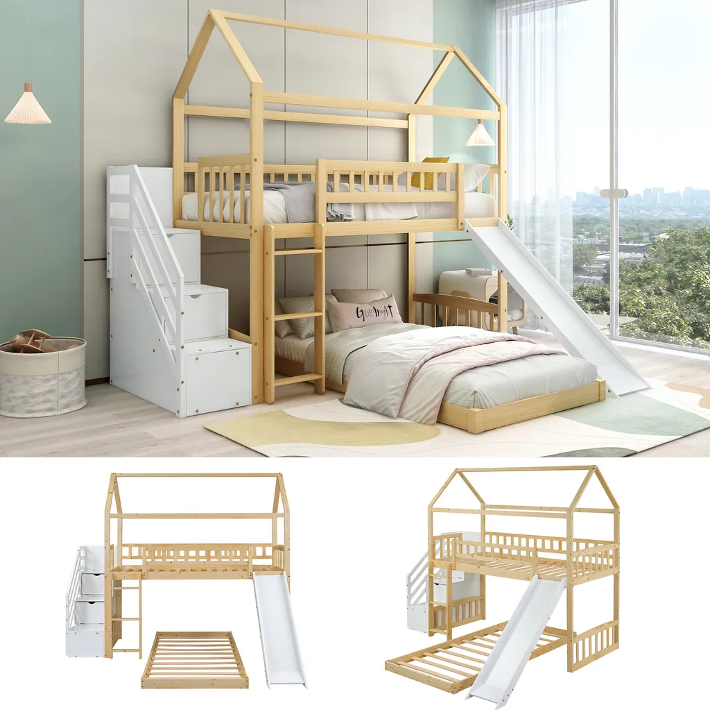 Merax Etagenbett 90x200cm Kinderbett Mit Rutsche, Treppe Mit Stauraum, Fallschutz Und Handlauf, Hausbett Aus Massivholz In Natur Und Weiß, 2 Einzelbetten Stockbett Für Kinderzimmer – Bild 9