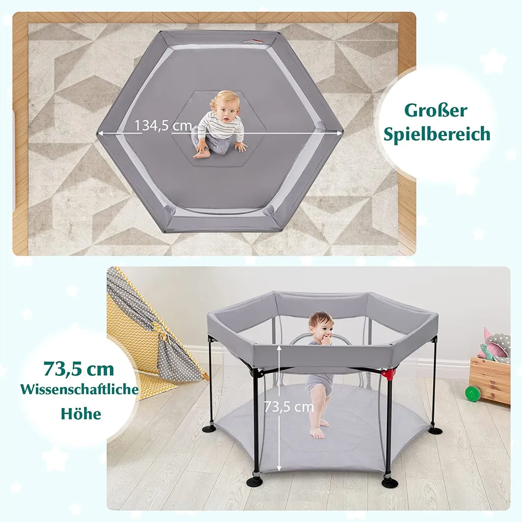 COSTWAY Sechseckiger Laufstall, Ein-Knopf-Faltung Laufgitter Mit Abnehmbarem Baldachin & Reißverschlusstür & Tragetasche & Matte, Absperrgitter Aus Mesh & Oxford-Tuch Für Baby 6-36 Monate Grau – Bild 4