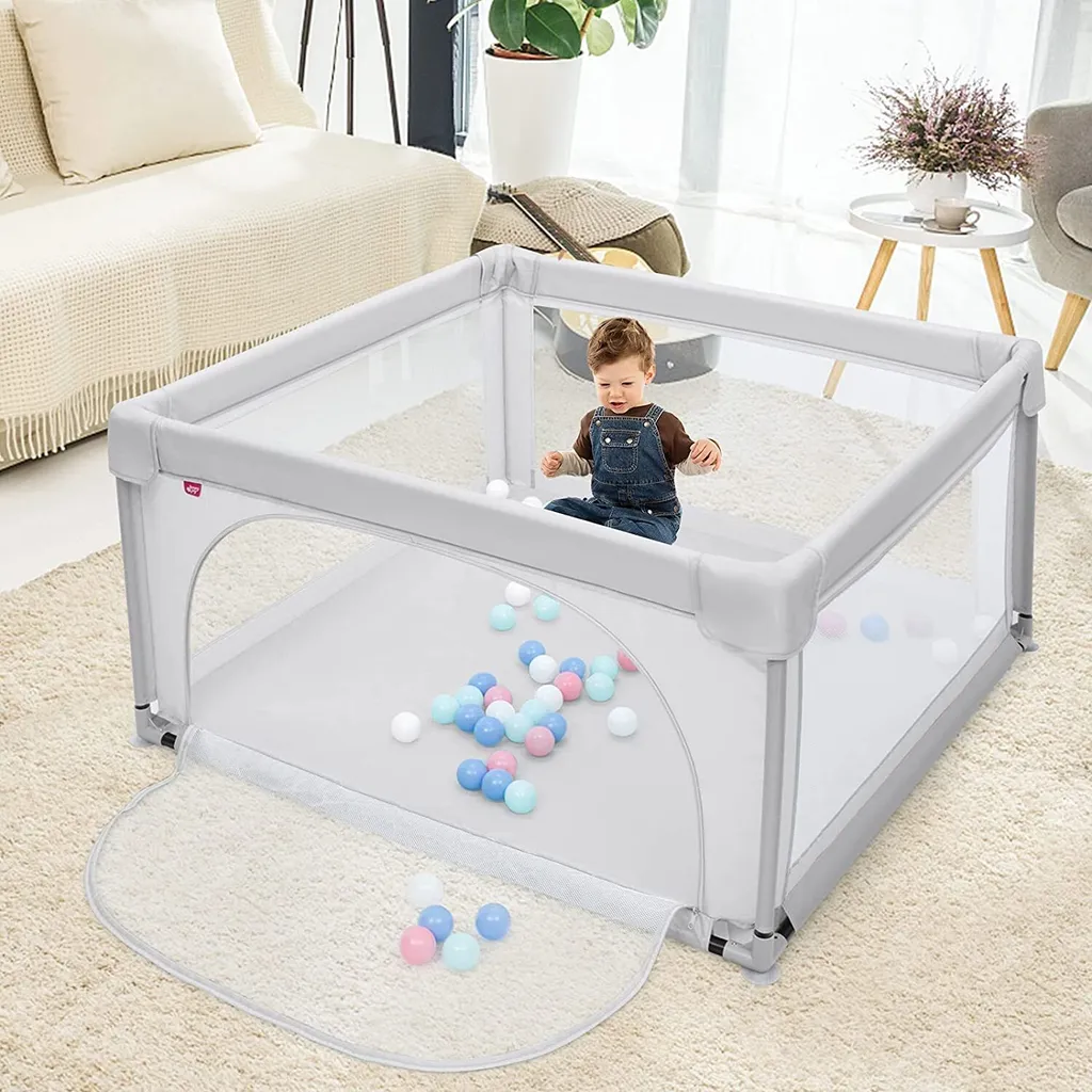 COSTWAY 120 X 120cm Baby Laufstall Mit 50 Spielbällen, Laufgitter Mit Atmungsaktivem Netz Und Reißverschluss, Krabbelgitter Mit Tür, Laufgitterzelt Für Säuglinge Und Kleinkinder (Grau) – Bild 2