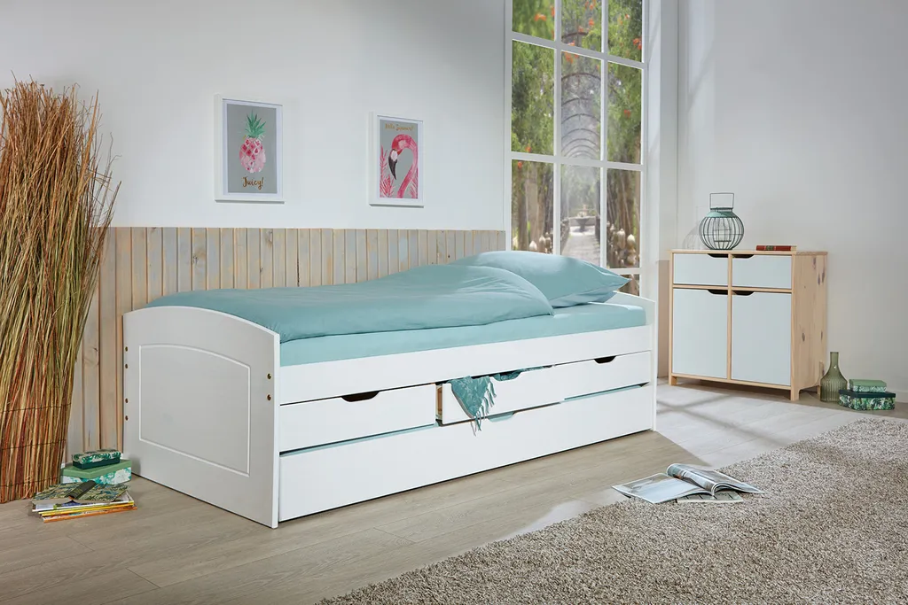Stauraumbett Mit 2 Liegeflächen Rieka Massivholz Weiss 90 X 200 Cm 3 Schubladen Funktionsbett Schlafzimmer Kinderzimmer Inkl. Gästeliege – Bild 7