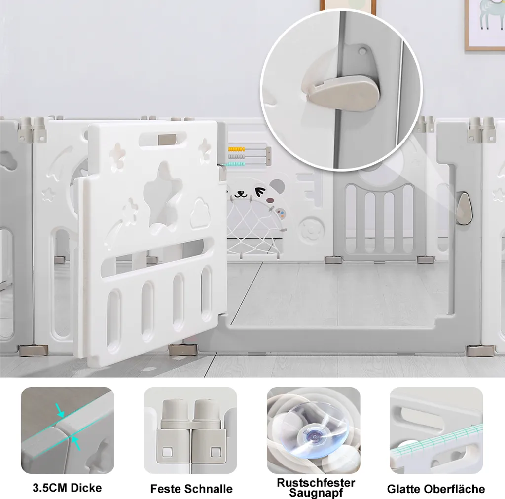 Dripex Laufgitter Laufstall Baby Absperrgitter 14-Paneele Schutzgitter Krabbelgitter Für Kinder Aus Kunststoff Mit Tür Und Spielzeugboard-Grau-Weiß – Bild 4