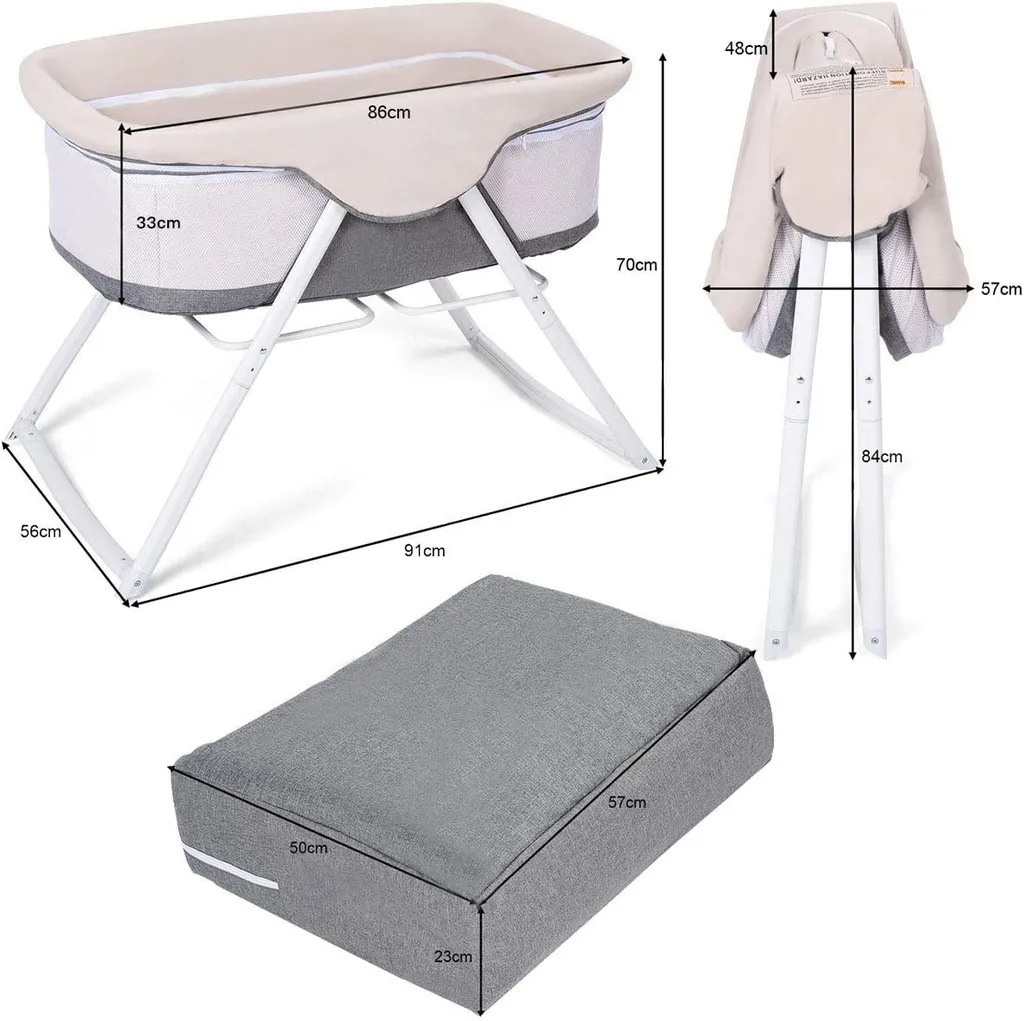 COSTWAY Stubenwagen Beistellbett Baby Babywiege Reisebett Schaukelwiege Mit Transporttasche Und Matratze Faltbar Klappbar Tragbar (grau) – Bild 2