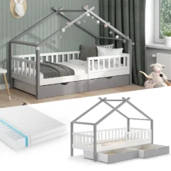 VitaliSpa Kinderbett + Schubladen + Matratze Design Weiß Grau 212 X 146 X 93 Cm Massivholz