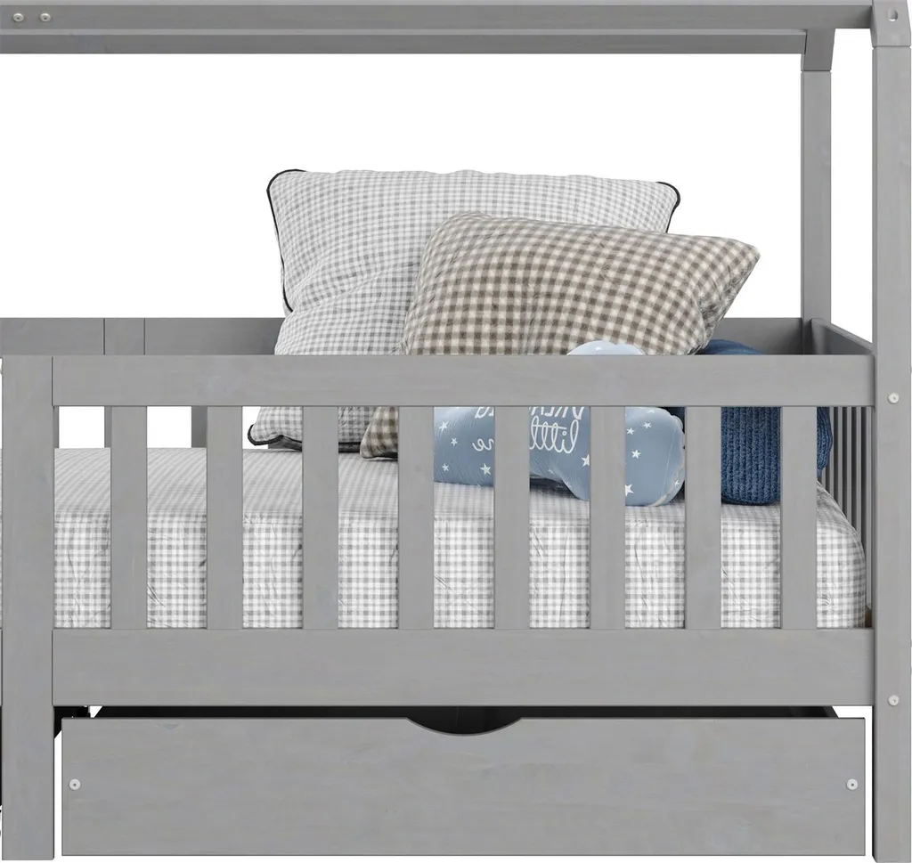 Hausbett NUNA Aus Massiver Kiefer, Montessori Bett In 90 X 200 Cm Mit Rausfallschutz, Spielbett Mit Schubladen, Modernes Kinderbett Mit Dach In Grau – Bild 6