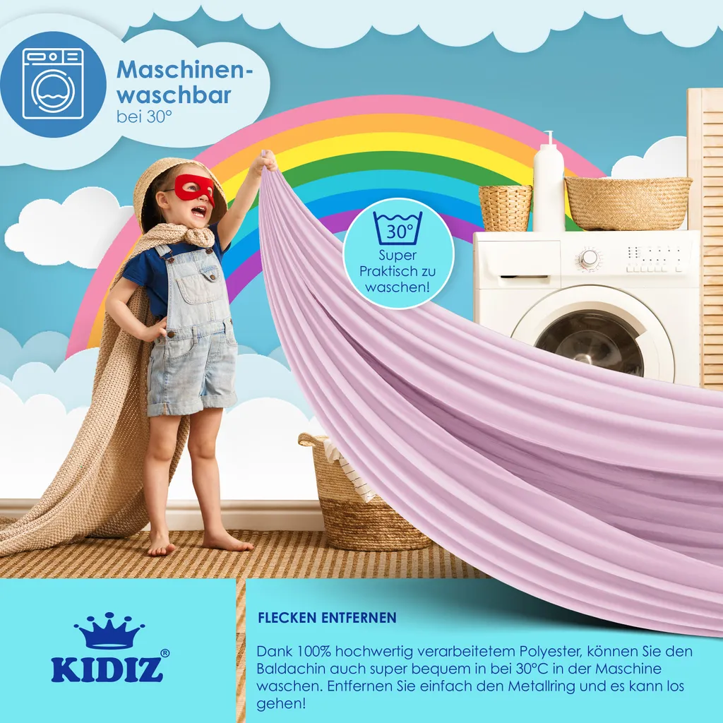 KIDIZ® Baldachin Kinderzimmer Betthimmel Babybett Für Schlafzimmer Inkl. Aufbewahrungstasche | Ohne Bohren | Saumlänge Ca. 270cm | Moskitonetz Insektenschutz Kinder Spielzelte, Farbe:Rosa – Bild 7