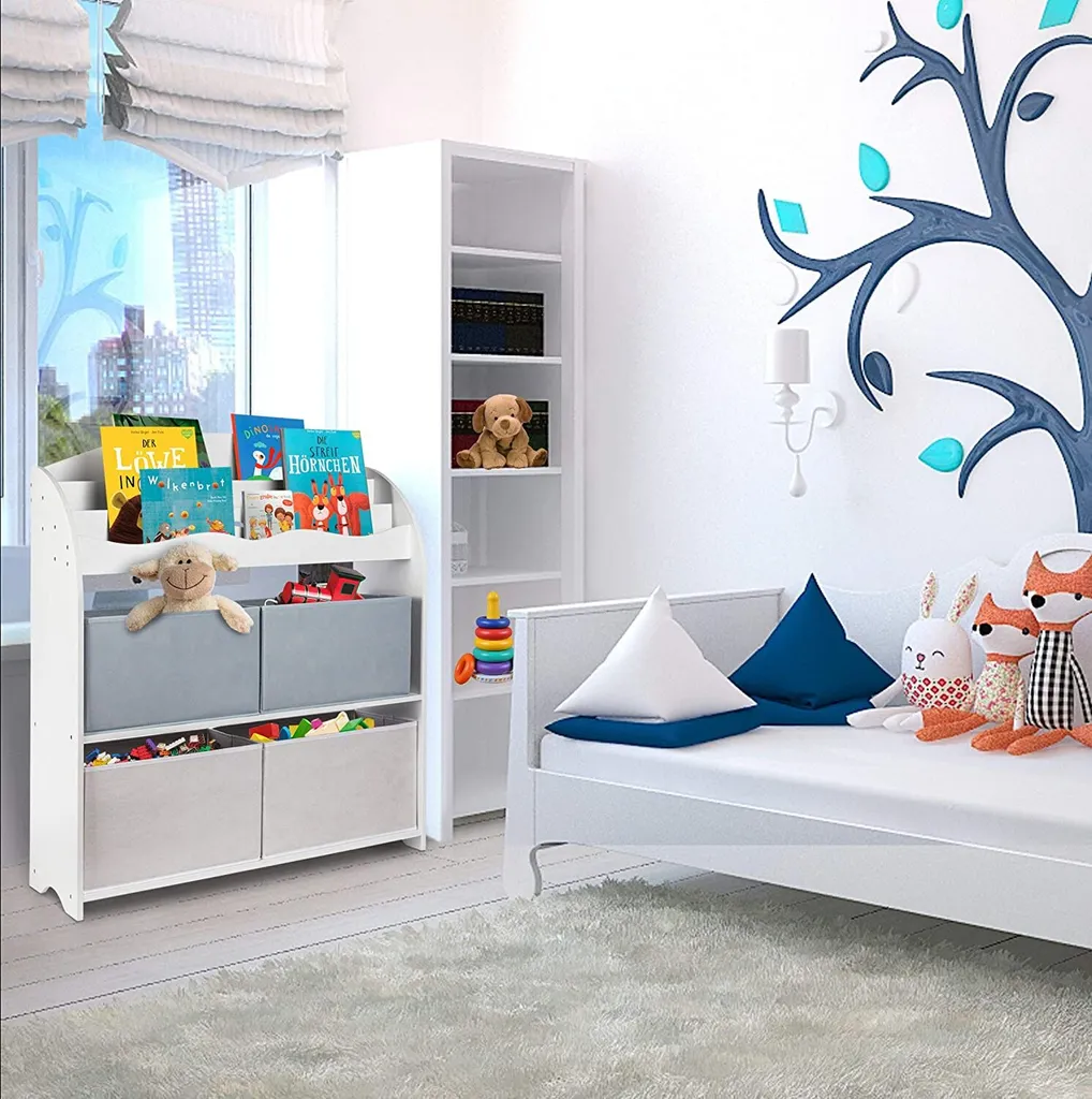 ONVAYA® Kinder Bücherregal Finn | Grau | Kinderregal Mit Boxen | Aufbewahrung Von Büchern Und Spielzeug | Organizer Für Kinderzimmer – Bild 6